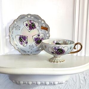 Vintage Japan Handpainted Cup And Saucer Set Floral Gilded Purple Violets.